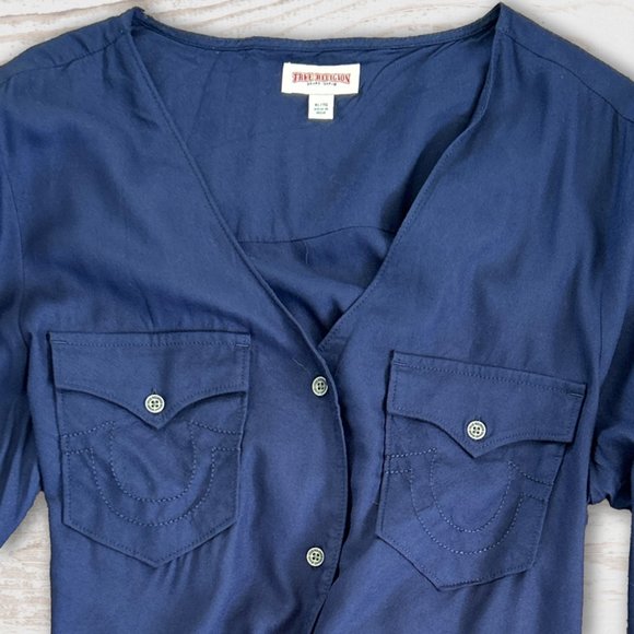 True Religion Tops - TRUE RELIGION Navy Blue V-Neck Blouse in Women's Size XL Front Logo Flap Pockets